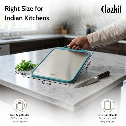 Image of Clazkit Stainless Steel & Wooden Dual Side Chopping Board with Handle | Food-Grade Stainless Steel & Natural Wood | Durable Kitchen Chopping Board for Vegetables, Fruits (36.5 x 23 x 0.1cm)