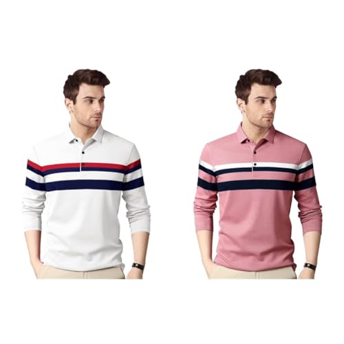 Image of EYEBOGLER Polo Neck Half Sleeve Striped Print Casual Men Regular Fit Tshirt (Pack of 2)