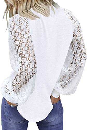 Image of Shasmi Women's White Ballon Long Sleeve, Crew Neck Tops Lace Casual Loose Blouses T Shirts (Shree Top 29)