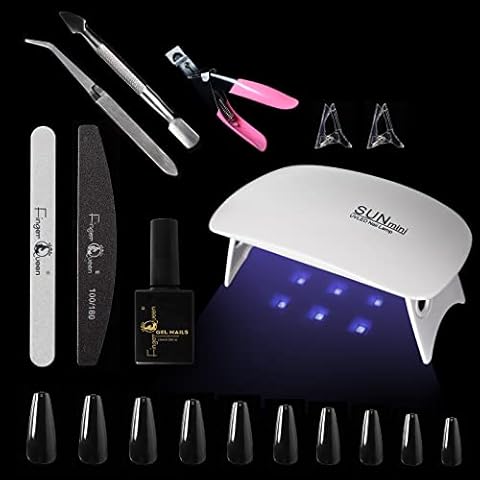Nail Tips and Glue Gel Kit, Gel Nail Extension Kit with Nail File Set 500pcs Clear Acrylic Fake Nails Tips 5-in-1 Nail Glue Mini Nail Lamp Nail Tools, Nail Art DIY at Home Medium Almond Cover