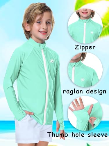 Image of Girl Zip Up Rash Guard Boys Long Sleeve Swim Shirts SPF 50 Uv Protection Sun Shirt with Thumb Holes Mint 3-4 Years