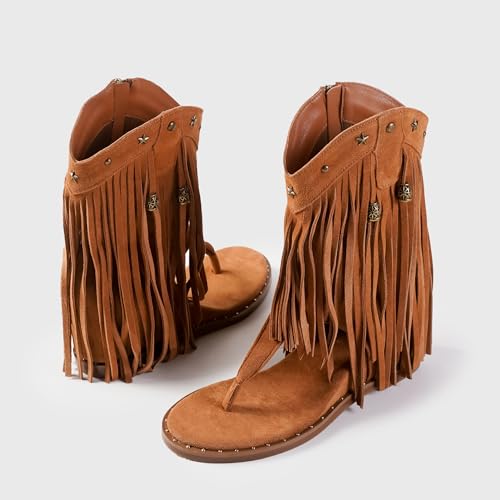 Image of Women's Bohemian Tassel Gladiator Sandals Brown Suede Thong Flip Flops for Fringe Summer Wedge Heel Sandal with Rivets Western Shoes