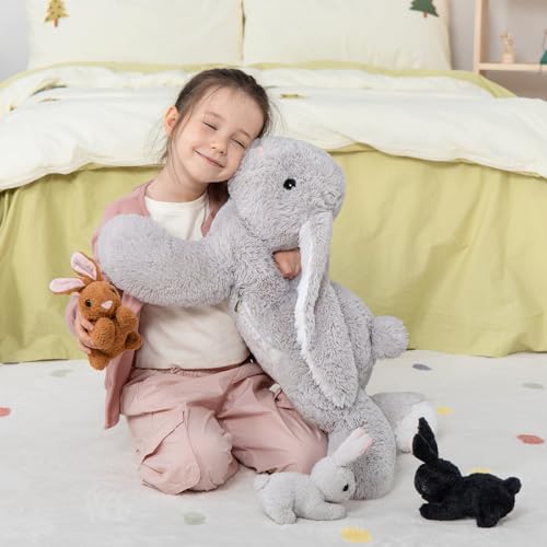 Image of MaoGoLan 4Pcs Large Bunny Stuffed Animal with 3 Babies Inside, 24 inch Giant Easter Bunny Plush Toys, Soft and Cuddly Gray Stuffed Rabbit Gift for Kids,Girls,Boys,Teens