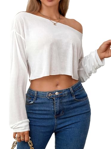 Women's Off Shoulder Mesh Crop Top Sheer See Through Long Sleeve Sexy Casual Outfit for Spring Fall