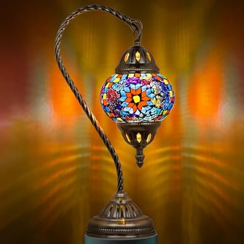 Marrakech Turkish Lamp Moroccan Lamp Mosaic Glass Table Lamp, Handmade Turkish Mosaic Light with Swan Neck Bronze Base Including LED Bulb for Living Room Bedroom Decor (Mosaic Colorful) Cover