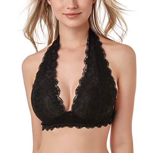 Floral Lace Halter Bralette Unpadded Mesh Lined V-Neck Everyday Bra Top for Women(Black) L