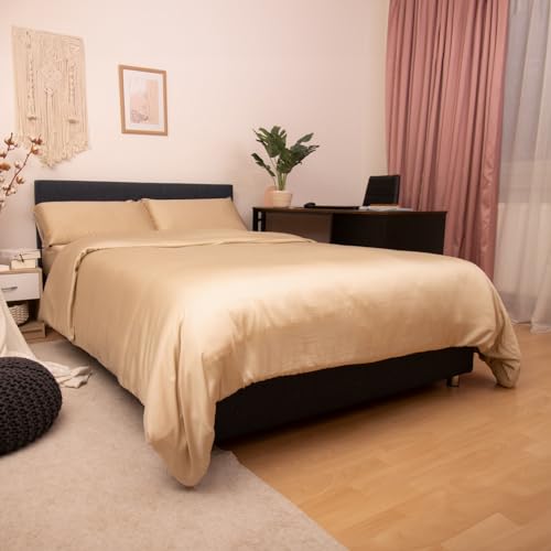 Laurel & Mason 100% Bamboo Luxury 4 Piece Duvet Set - Deluxe Bedding with 2 Pillowcases, Fitted Sheet and Duvet Cover (Champagne, UK Double)