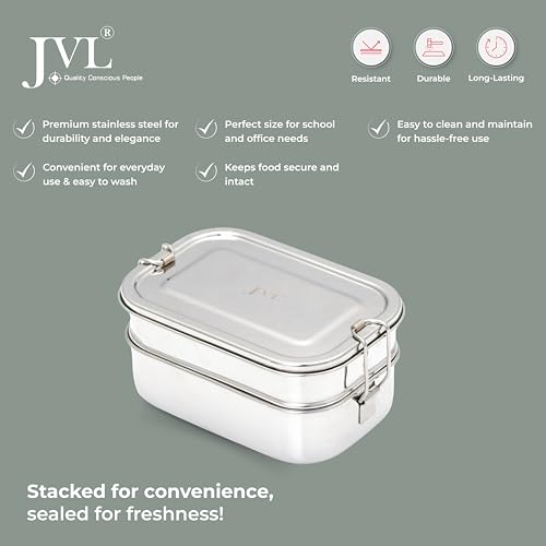 Image of JVL Stainless Steel 2 Tier Lunch Box (Rectangle, Small)