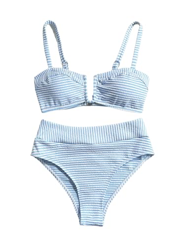 SOLY HUX Women's Two Piece Swimsuit Striped V Wired High Waisted Bikini Set Bathing Suit