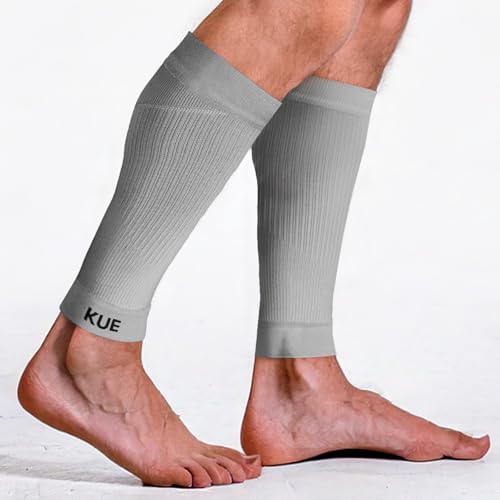 Image of KUE Compression calf sleeves for men and women | Running, Sports Activity | Improved Blood Circulation, Swelling, Calf Support in Muscle Fatigue & Recovery (Grey, S /M)