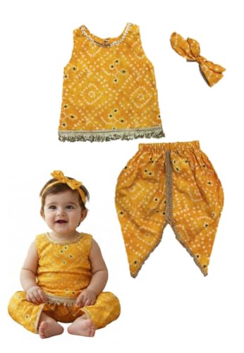 Image of The Root And Craft Kids Birthday Photoshoot Outfit Dress Girls Bandhani printed Top With Dhoti pant & Hairband Born Baby Photography Photoshoot Props(0to 18 Month)