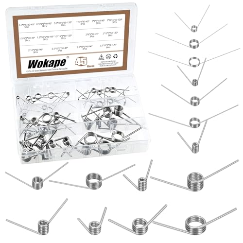 Wokape 45pcs 15 Sizes Stainless Steel Tiny Torsion Spring Set, 0.5/1 /1.5/2 /2.5mm Wire Diameter 45°& 90°& 120°Torsion Spring for Woodworking Maintenance and DIY