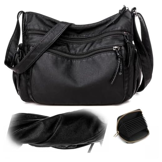 Sac Bandoulière Femme en Cuir PU Souple Sac a Main Femmes Bandoulieres Léger Multi-poches Moyen Sac à Bandoulière Sacoche Femme Bandoulière avec Large Sangle Réglable (Noir)
