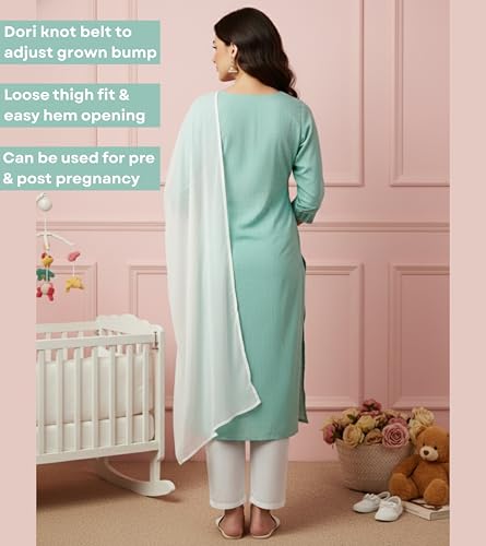 Image of DUMMY SHAPE Pregnancy Dresses for Women Cotton | Floral Maternity Kurta Pant Dupatta Set with Dual Nursing Zippers | Pre & Post Partum | Feeding Kurtis | Baby Shower | Gifts for Pregnant Woman