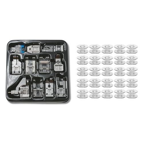 Image of ZENITH 11 Pcs Sewing Machine Presser Feet Accessories Kit, Compatible with Brother, Usha Janome, Singer Low Shank, Multiple Stitch Functions (11 pc Kit + 25 Transparent Plastic Bobbins)