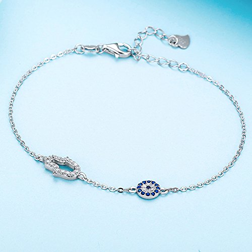 TONGZHE Blue Evil Eye Hamsa Hand Bracelet in Sterling Silver 925 with Cubic Zirconia CZ and 7"+1.5" Cable Chain - Image 4
