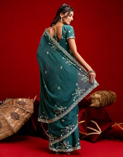 Image of SIRIL Women's Georgette Embroidery Saree With Unstitched Blouse