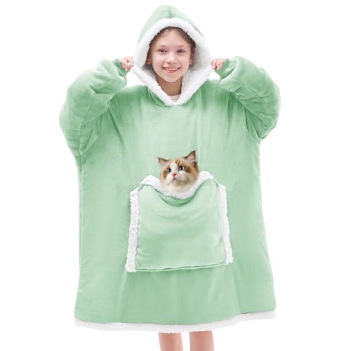 JOYWOO Green Kids Wearable Blanket Hoodie,Oversized Cat lovers Hoodie Blanket for kids & Teens,Birthday Gifts for Girl Boys,Warm Cozy Fuzzy Sherpa Fleece Blanket Giant Pocket Winter Gifts,Sage green