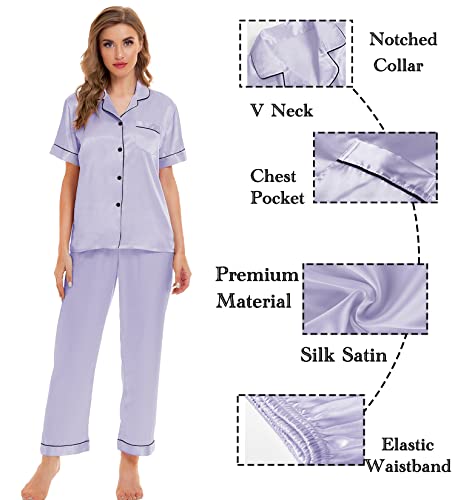 Image of SWOMOG Womens Silk Satin Pajamas Sets 4pcs Sleepwear Sexy Cami Shorts Set and Button Down Short Sleeve Pjs Loungewear Lavender X-Large