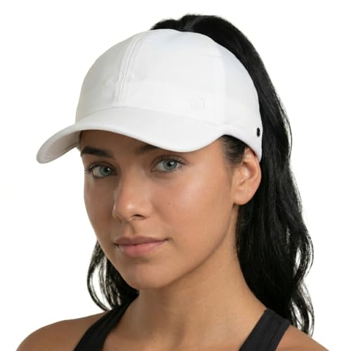 TOP-EX ChicPony Messy Bun Thick Hair Womens High Ponytail Sun Hat Breathable Cooling Baseball Cap Waterproof for Light Rain Lightweight Adjustable Running Golf Pickleball Outdoor Gym Yoga White M/L