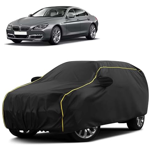 Image of Sulfar 100% Water Resistant Car Body Cover Compatible with Mirror for BMW 640D (Triple Stitched, Full Bottom Elastic, Black Taffeta with Yellow Piping)