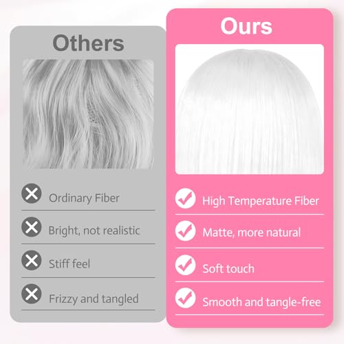 Image of MEEZY White Short Bob Wigs Straight Hair with Flat Bangs Heart Sunglasses for Women, Colorful Funny Cosplay Party Neon Wig Synthetic Natural As Real Carnival Halloween Costume Party Favors