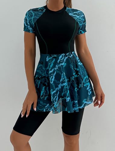 FYMNSI Women Split Two-Piece Swimsuit Breathable Mesh Short Sleeve Floral Print Swim Dress with Boyshorts Modest Bathing Suit2