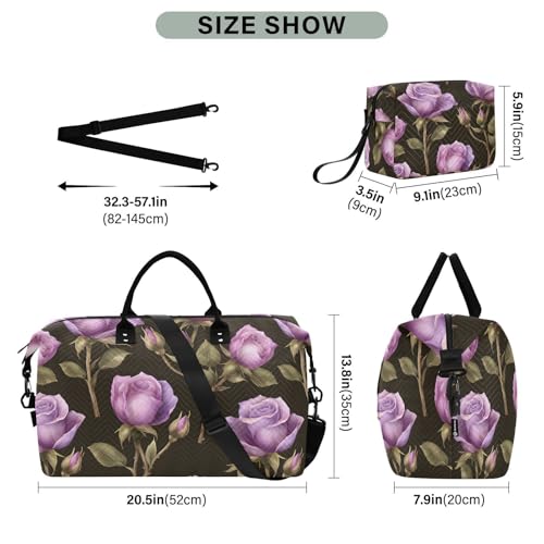 Rose Travel Gym Bag, Flower Rose Purple Tile Pattern Weekender Overnight Duffle for Women with Toiletry Bag Travel Swim3
