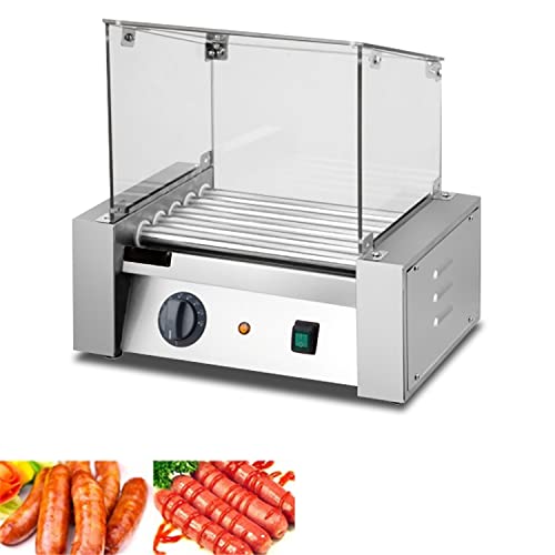 ERoomQ 700W Hot Dog Roller Machine, 5 Rollers Sausage Grill with Temperature Control/Detachable Glass Cover for Restaurant, Home