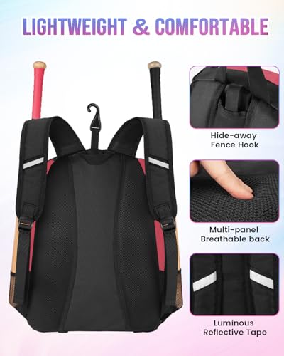 Image of MATEIN Softball Bag, Lightweight Baseball Backpack with Shoe Compartment, Baseball Bag with Fence Hook for TBall Bat & Equipment, Softball Gifts Catchers Backpack for Women Fit Catcher's Mitt, Helmet