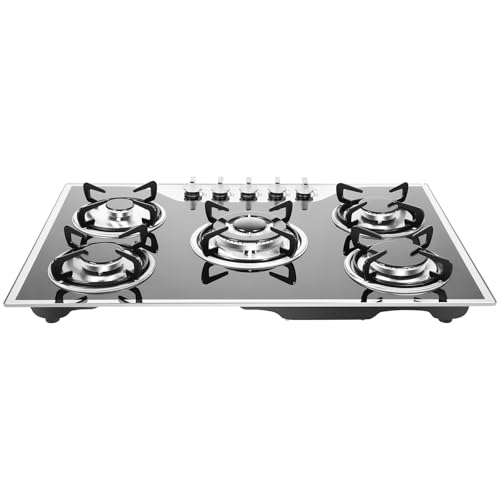 Encimera de gas 5 fuegos de gas placa de cocina de gas placa de cocción de gas diferentes utensilios de cocina de alta temperatura procesar incluyendo vidrio cerámica hierro ollas de acero inoxidable