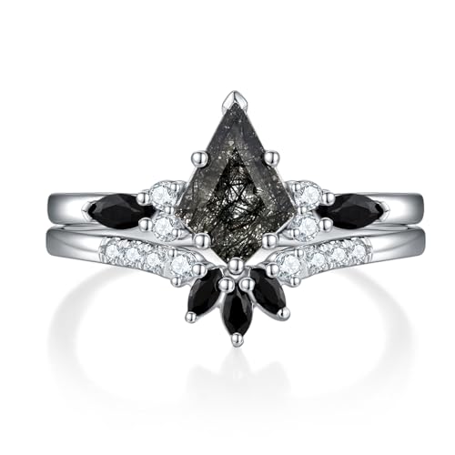 Anillo de cuarzo rutilado negro natural de corte cometa, juego de anillos de boda negros para mujer, plata de ley S925 de 10 quilates, 14 y 18 quilates, anillo de compromiso, regalo para mujer