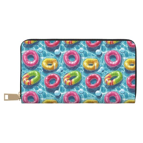 Leather Thin Slim Wallets for Women & Men - Colorful Swimming Ring Print Card Wallet Holder with Zipper