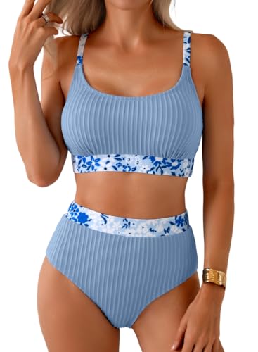 Image of Herseas Women's Textured Bikini Sets Floral Print Trim Scoop Neck Swimsuits High Waisted Bathing Suits