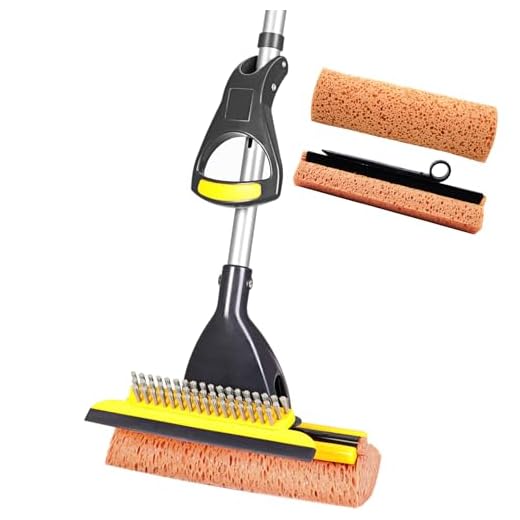 Yocada Sponge Mop Home Commercial Use Tile Floor Bathroom Garage Cleaning with Total 2 Sponge Heads Squeegee and Extendable Telescopic Long Handle 42.5-52 Inches Easily Dry Wringing