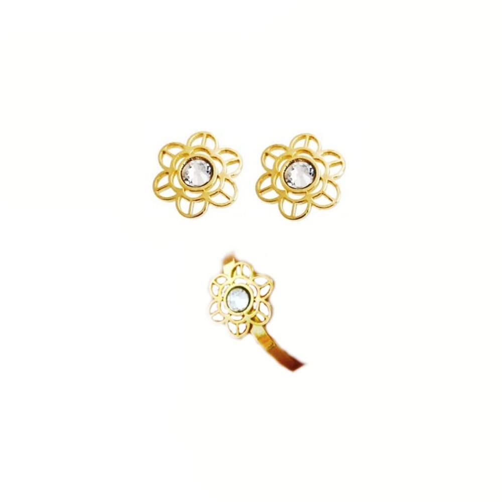 MinoplataJuego Pendientes y Anillo flor de Plata chapada en Oro para niñas | Primera Comunión