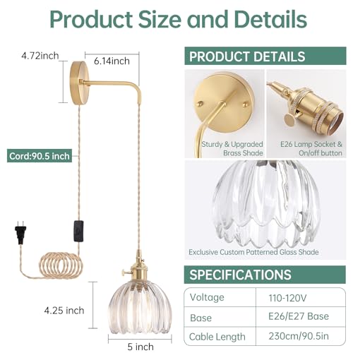 Image of Shenmoyl Vintage Wall Sconce Wall Lamp with Clear Tulip Glass Shade Hanging Wall Sconce with 4.9FT Plug in Cord, Modern Wall Lamp Fixtures Decor for Bedside Bedroom Indoor Doorway
