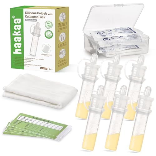 Image of Haakaa 100% Silicone Sterile Colostrum Collector Kit, 4ml (6pcs), with Cotton Cloth Wipe and Storage Case, BPA Free, Reusable