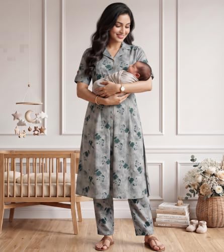 Image of DUMMY SHAPE Feeding Dresses for Women Full Set | Cotton Blend Maternity Kurta Pant Suit with Dual Nursing Zippers, Side Pocket to Pre & Post Pregnancy | Mom to Be Gifts