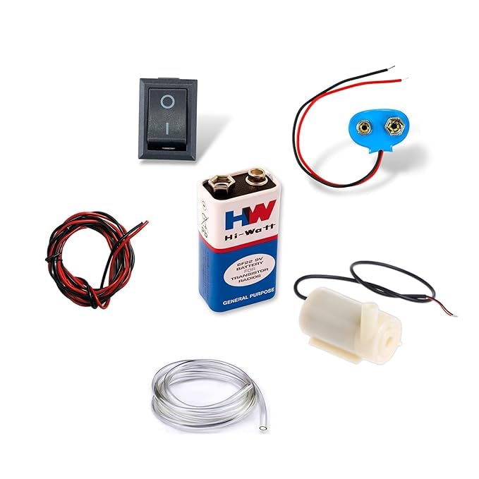 Image of DIY Mini Water Pump Science Kit - DC 3-6V Submersible Pump with Tube, 2x9V Battery with Connector, Switch, Toy Motor, Pipe, LED, Bulb, Holder & Magnet for Kids Projects