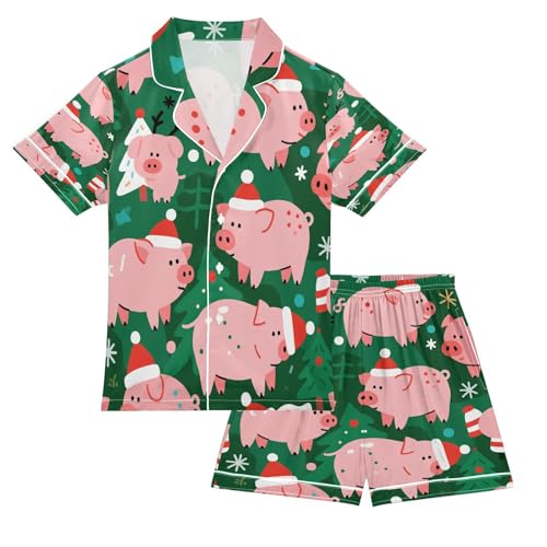 Satin Pajama Sets Short Sleeve Pig Pattern with Christmas Button Down Silky Nightwear 2 Piece PJS 5-14Y
