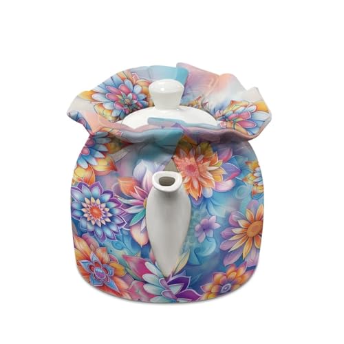 Image of Boho Flowers Dust Cover with Drawstring, Durable Dustproof Teapot Cozy Breakfast Warmer Tea Kettle Quilt for Home Kitchen Table, Red Christmas Decor