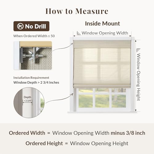 Image of TWOPAGES Ramie Bamboo Blind Cordless No Drill Roman Shade for Indoor Windows Light Filtering Custom Made Roman Window Shade Blackout, Beige White, 1 Piece