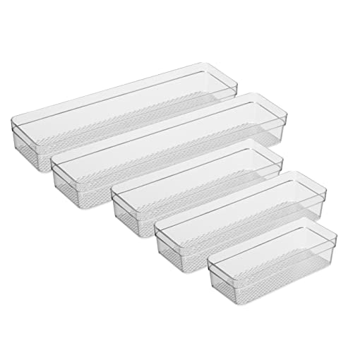 Image of Oggi Set of 5 Clear Drawer Organizers - (1) 3x6.25, (2) 3x9.5, (2) 3x12.5 - Ideal for Organizing Kitchen Drawers, Office, Desk, Silverware, Kitchen Utensils, Cosmetics and Bathrooms