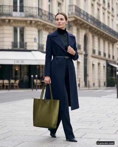 Image of Genuine Italian Leather Tote Bag for Women, Large Slouchy Purse, Olive | Unstructured bag, raw unlined interior with zip pocket, top zipper, side ties, folds flat, fits a 16-inch laptop, lightweight
