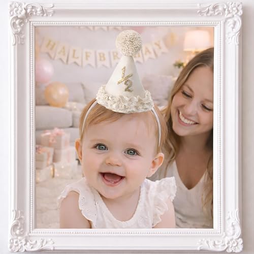 Image of piercing Half Birthday Decoration for kids, 1 /2 Birthday Decorations for kids, Half Way to One Decoration, Half Birthday Cap, Adorable Party Hat Milestone, Great for Photo Shoots