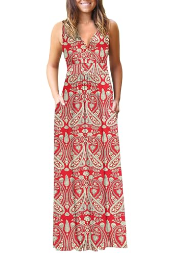 AUSELILY Vestidos Largo Verano Mujer Elegante Sin Mangas Vestido de Noche Cuello en V Profundo Maxi Dress con Bolsillos Boho Floral Rojo XL