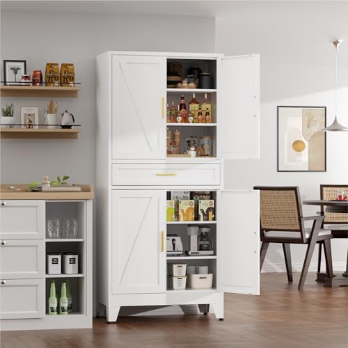 Image of 71 inch Tall Kitchen Pantry Cabinet,Farmhouse Pantry Cabinet,Metal Cabinet with Adjustable Shelves and Drawer,Storage Cabinet for Kitchen Dining Room Garage,White 1 Pack