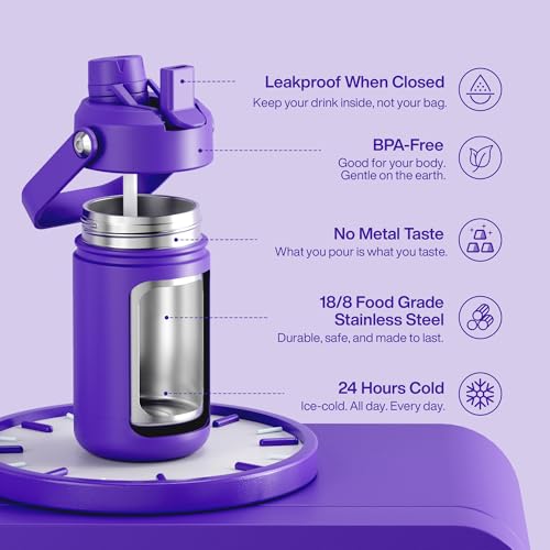 Image of Kids Insulated Water Bottle with Straw - 12oz Stainless Steel Water Bottle with Dual Spouts, Leak-Proof, BPA-Free, Double Wall Vacuum Keeps Cold for 24 Hours for Sports, Travel, School (Violet)