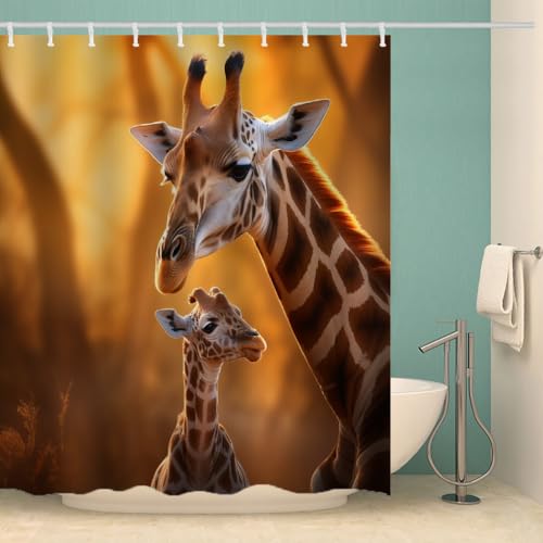 RFFLUX 3D Giraffe Duschvorhänge 120x180 cm Polyester Giraffe Duschvorhang Anti Schimmel mit 12 Haken Anti-Bakteriell Waschbar Wasserdicht Badvorhänge für Badezimmer（Stil 40-10）
